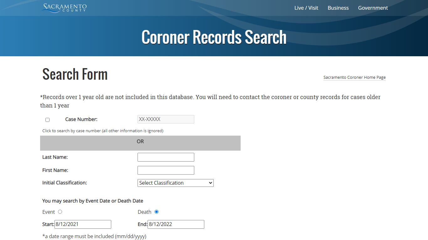 Coroner Records Search - Sacramento County, California